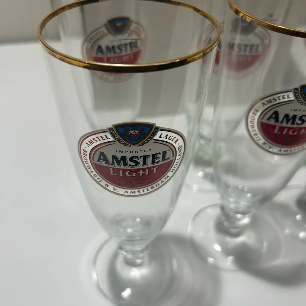 Brand New in Box Lot of 6–Amstel Light Stemmed Gold Trim Beer Glass 33CL